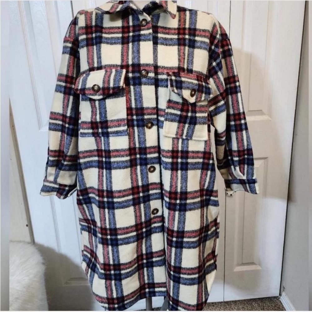 Fashion Nova Plaid Utility Jacket - Cream, Red, Blue